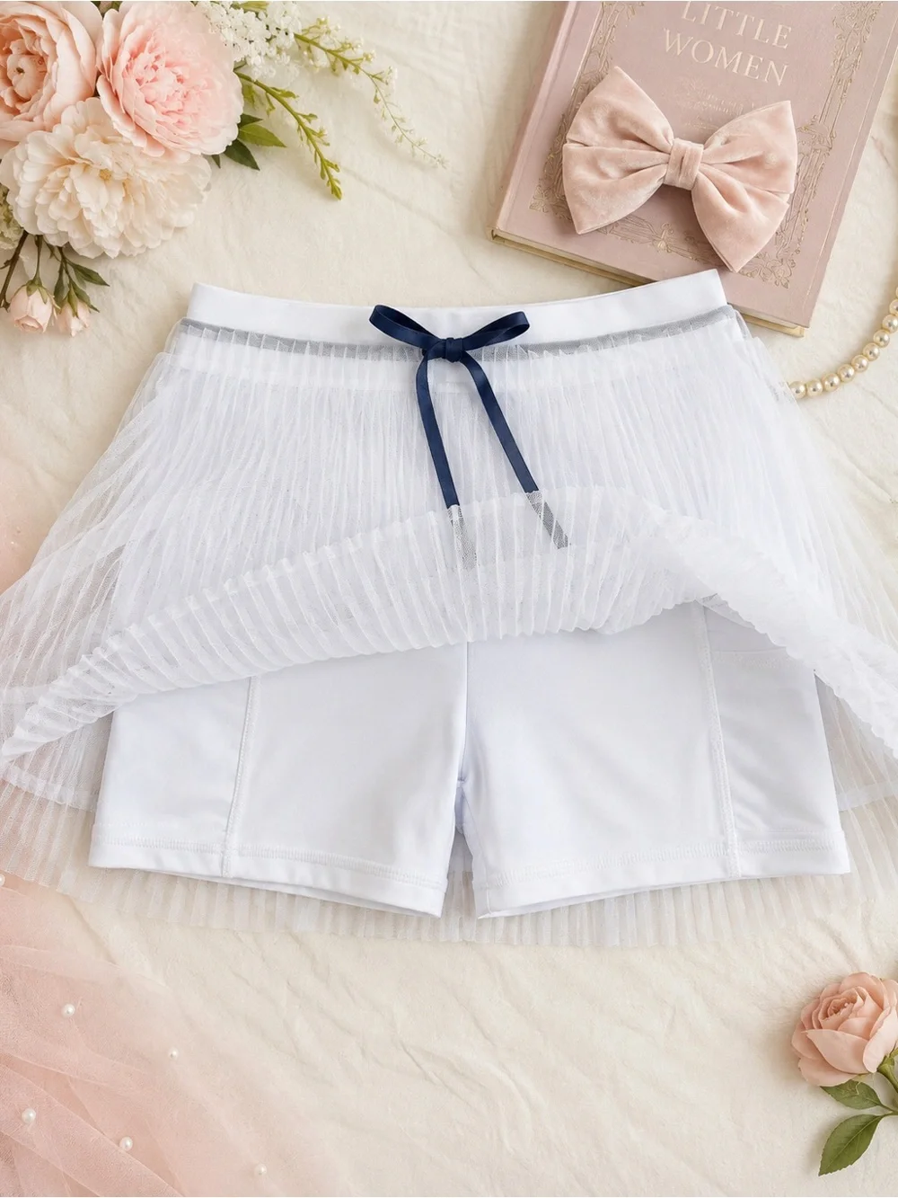 Courtside Girls Size 9/10 White Pleated Mesh Skort Navy Bow Built-In Shorts NWT